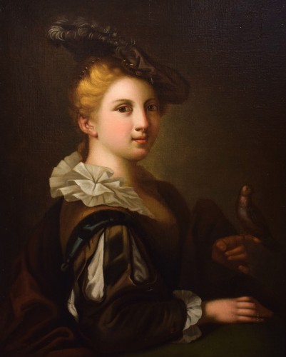 Jeune femme avec un chardonneret - École française du XVIIIe siècle - Tableaux et dessins Style Louis XV